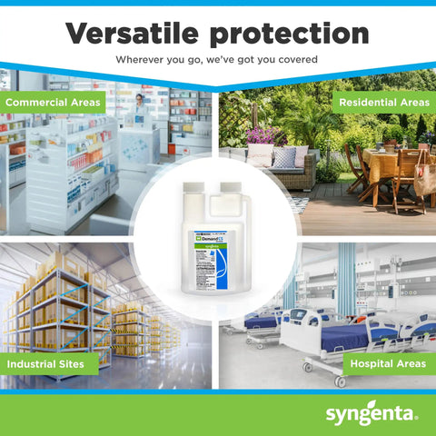 Demand CS Insecticide Concentrate Water Based Indoor And Outdoor Pest Control For Spiders Ants Flies Wasps Fleas Ticks And Bed Bugs 8 Oz Bottle Makes 8 To 40 Gallons shown in various use areas like commercial, residential, and industrial.