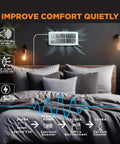 Ultra Quiet Floor And Wall Register Booster Fan With Five Speeds And Smart Tech Delivers Big Time Airflow Boost Up To 132 CFM When Back Pressure Blocks Air No HVAC Mods Needed Perfect For Hot Or Cold Rooms installed above bed with airflow indicators and noise levels shown