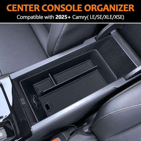 Center Console Tray Organizer For 2025 2026 Toyota Camry XSE XLE SE LE Armrest Storage Box with divided compartments installed
