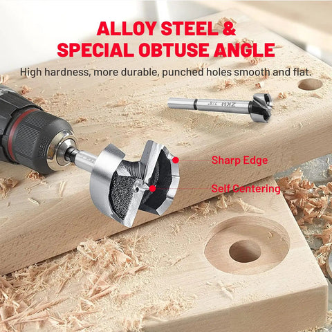 Pro Level 14 Piece Forstner Drill Bit Set Featuring Hella Sharp Carbide Tips And Rock Solid Alloy Steel Build For Slick Woodworking On Hardwood Or Softwood And Plastic Workshop Gear with sharp edge self-centering bit on wood.