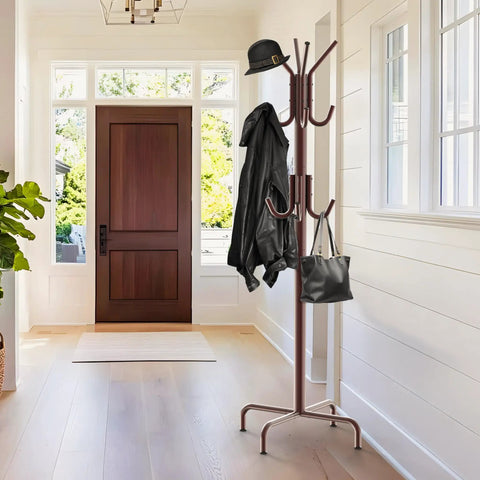 Standing Coat And Hat Rack With 12 Hooks Bronze Finish, Space Saving Organizer For Coats, Hats, Scarves, And Bags, Stable Four Leg Base Keeps Floor Safe And Tidy.