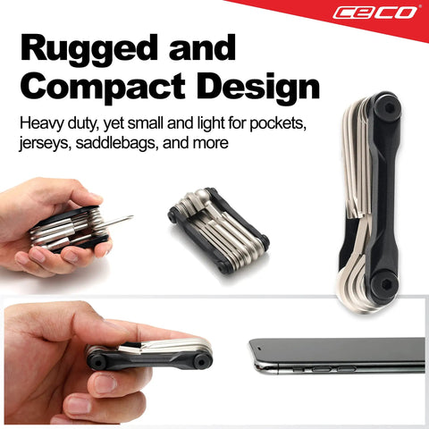 Compact 10 Function Bike Tool Kit, Heavy Duty Bicycle Multi Tool, shown with hand for size comparison, lightweight and pocket-sized.