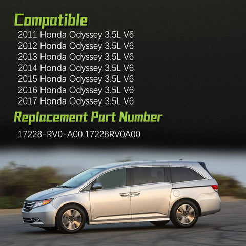 Side view of a silver 2011-2017 Honda Odyssey 3.5L V6 with compatibility details and replacement part number displayed.