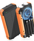 Orange solar power bank 20000mAh with built-in cables and dual LED flashlights, displaying front and back view.
