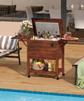 54 Quart Wooden Patio Cooler Cart With Wheels And Foldable Side Shelves Bottle Opener And Bottom Storage Insulated Beverage Cooler