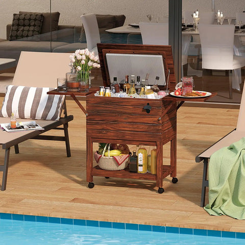 54 Quart Wooden Patio Cooler Cart With Wheels And Foldable Side Shelves Bottle Opener And Bottom Storage Insulated Beverage Cooler