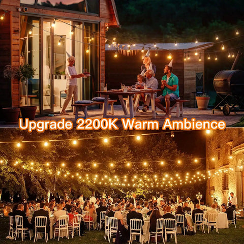 LED Outdoor String Lights 48 Feet Commercial Grade Patio String Lights With 26 S14 Shatterproof Bulbs, creating warm ambience