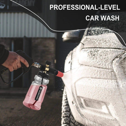 Wide Mouth Foam Cannon For Pressure Washer With Thick Snow Foam For Car Wash in use on car, pro-grade adjustable soap cannon
