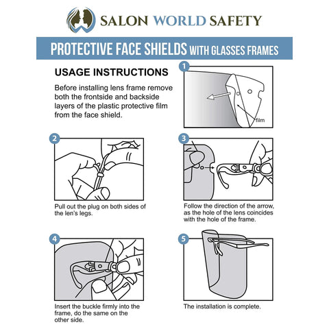 Instructional diagram for installing the 4 Pack Safety Face Shields With Glasses Frames Ultra Clear Protective Full Face Shields.