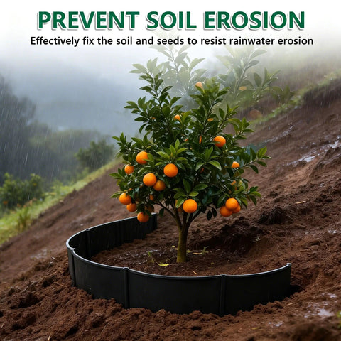 Spliceable Slope Planter Kit with Shovel, 20 Pcs Round Edging Rings for Erosion Control supporting orange tree on slope.