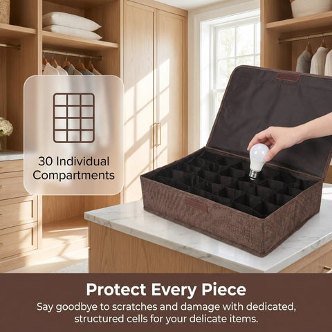 Foldable Dustproof Bulb Storage Box With Dividers For Christmas Lights And Ornaments Sturdy PP Base Space Saving All In One Organizer For Craft Supplies And Office Storage, 30 compartments