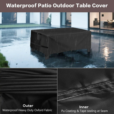All Weather Outdoor Coffee Table Cover 48 Inch Rectangular, Heavy Duty Oxford Cloth With PU Coating on table in rain