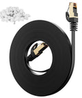 Cat7 Flat Outdoor Ethernet Cable 10 Ft Black Shielded SFTP PoE 10Gbps 600MHz High Speed LAN Cord for Ultra Fast Gaming Direct Burial Waterproof LLDPE Ultra Thin Flat Design With Clips