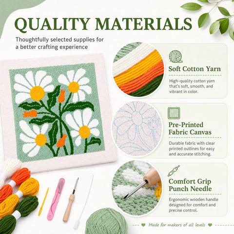 Beginner Punch Needle Kit With 9.8 Inch Frame, All In One Yarn Craft Set For Adults, Includes Punch Needle Tool, Scissors, Colorful Yarn And Simple Instructions, Green showing quality materials used.