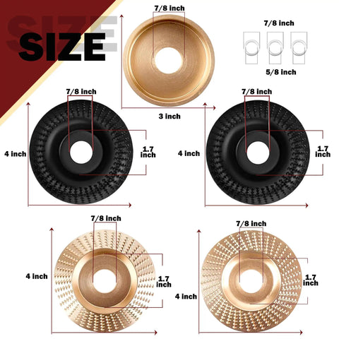 Pro Grade Woodworking Disc Set For Angle Grinders Four Inch And A Half Inch Includes Five Wood Carving Discs For Shaping Sanding Polishing And Quick Grinding Wheels With Five Eighth Inch Adapter Ring For Wood Cutting DIY Projects, 4 in