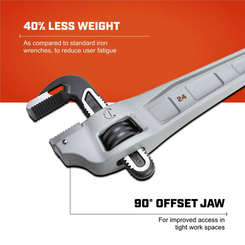 Offset Handle Aluminum Pipe Wrench For Tight Spaces Go-To Heavy Duty Plumber Tool 24 Inch Adjustable Wrench For Home Repair 90-Degree Jaw Quick-Change Pitch Lightweight Yet Durable Aluminum Construction, showing 90-degree offset jaw and lightweight design