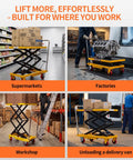 Heavy Duty Hydraulic Lift Table Cart Supporting 400 Pounds Featuring Built Like A Tank Steel Frame And Smooth Foot Pump For No Sweat Loading Plus Easy Hauling Across Shop Floors shown in supermarkets, workshops, factories, and unloading delivery vans.