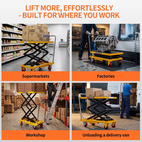 Heavy Duty Hydraulic Lift Table Cart Supporting 400 Pounds Featuring Built Like A Tank Steel Frame And Smooth Foot Pump For No Sweat Loading Plus Easy Hauling Across Shop Floors shown in supermarkets, workshops, factories, and unloading delivery vans.