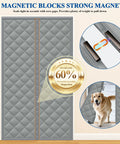 Magnetic Thermal Insulated Door Curtain Fits 32 X 80 Inch Door Curtain Size 34 X 82 Inches Five Layer Oxford and Cotton Cover Insulation for Winter Doorways Attics Keeps Cold Air Out Grey, showing a quilted design with magnetic edges and a dog walking through.