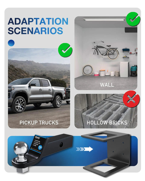 Keep Your Ride Tight With This Heavy Duty 2.5 Inch Truck Bed Hitch Holder And Trailer Storage Bracket on pickup truck and wall.