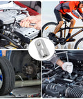 Socket adapter 1/4 in drive to 1/2 in male, Cr-V steel, silver finish; shown in center of tool collage.