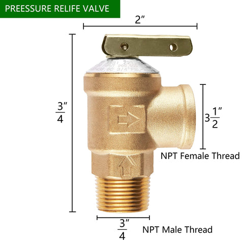 Front view of brass 3/4 in IPS isolator tankless water heater service valve with pressure relief valve, NPT male bottom, female side port.