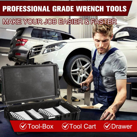 Mechanic using Magnetic Wrench Organizer Set For Toolbox And Drawer Storage 42 Piece Wrench Holder with cars in background