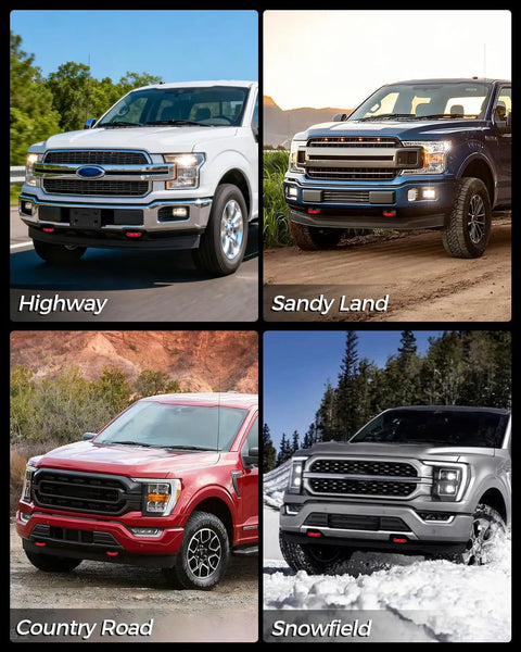 Red Tow Hook Cover Set For Ford F150 2004 To 2025 Ford Bronco 2021 To 2024 And Toyota Tundra 2017 To 2021 on various terrains