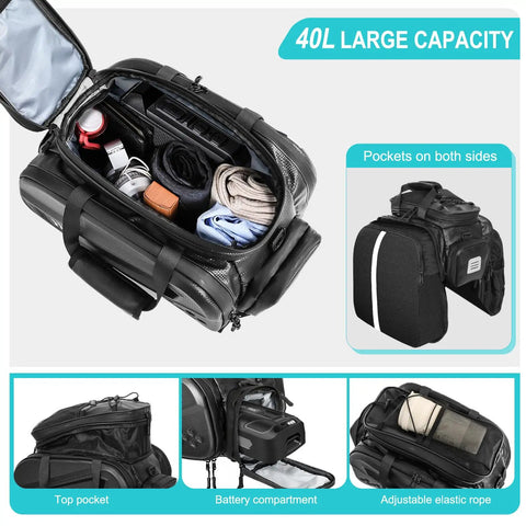 40L Hard Shell Rear Bike Rack Bag For Ebike Batteries And Gear, Multifunction Pannier Backpack For Travel And Commute, Rigid Side Panels, Expandable Side Pockets, Black