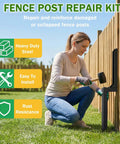 Woman using Heavy Duty Fence Post Repair Kit 2 Pack Steel Anchor Stakes for 4x4 and 6x6 wood posts in garden setting