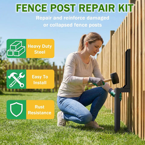 Woman using Heavy Duty Fence Post Repair Kit 2 Pack Steel Anchor Stakes for 4x4 and 6x6 wood posts in garden setting