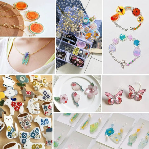 Big Size A4 Heat Shrink Paper Keychain Kit For Christmas Crafts displayed in various keychain and jewelry designs.