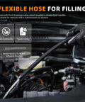 Pneumatic Transmission Fluid Pump And Dispenser Kit flexible hose being used in vehicle engine for fluid transfer.