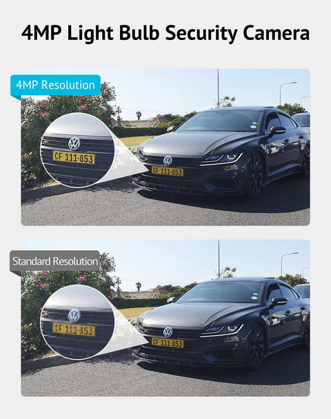 4MP Bulb Security Camera Wireless 360 Degree Panoramic 2K HD comparing 4MP and standard resolution on car license plate