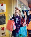 Women shopping with colorful bags among white paper gift bags with handles bulk 25 pcs 8x4.5x10 medium size for gifts shopping