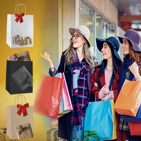 Women shopping with colorful bags among white paper gift bags with handles bulk 25 pcs 8x4.5x10 medium size for gifts shopping
