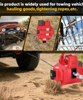 1000 Lb Portable Battery Powered Winch With 40Ft Synthetic Rope And Remote Control compatible with Milwaukee 18V Batteries in red, shown in action towing a vehicle.