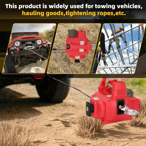 1000 Lb Portable Battery Powered Winch With 40Ft Synthetic Rope And Remote Control compatible with Milwaukee 18V Batteries in red, shown in action towing a vehicle.