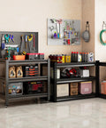 Sturdy Ultra Beefed Up Heavy Duty Workbench With Pegboard Mobile Locking Wheels And Adjustable Shelves For Garage Workshop Or Office 47.2 Inch High Shop Table In Black With Rugged Steel Frame Built To Tackle Heavy Tool Storage in garage.