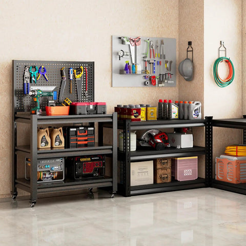 Sturdy Ultra Beefed Up Heavy Duty Workbench With Pegboard Mobile Locking Wheels And Adjustable Shelves For Garage Workshop Or Office 47.2 Inch High Shop Table In Black With Rugged Steel Frame Built To Tackle Heavy Tool Storage in garage.