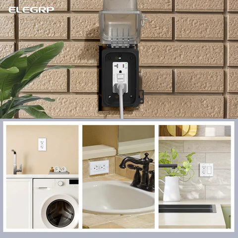 Heavy Hitter Outdoor GfcI Outlet 20 Amp Self Testing Ground Fault Receptacle on wall with tamper resistant cover and glowing pilot light