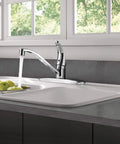 Single Handle Kitchen Sink Faucet In Chrome With Smooth 360 Degree Swivel Spout And Low Arc Profile For Easy Peasy Installation On Standard Three Hole Countertops Real Deal Quality For Your Daily Kitchen Grind with water flowing.