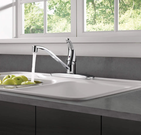 Single Handle Kitchen Sink Faucet In Chrome With Smooth 360 Degree Swivel Spout And Low Arc Profile For Easy Peasy Installation On Standard Three Hole Countertops Real Deal Quality For Your Daily Kitchen Grind with water flowing.