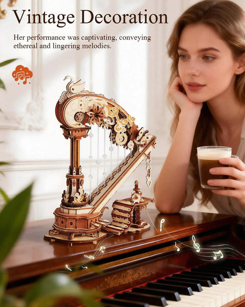 3D Wooden Harp Music Box Kit For Adults displayed on a piano, highlighting intricate wooden design and self-playing mechanism