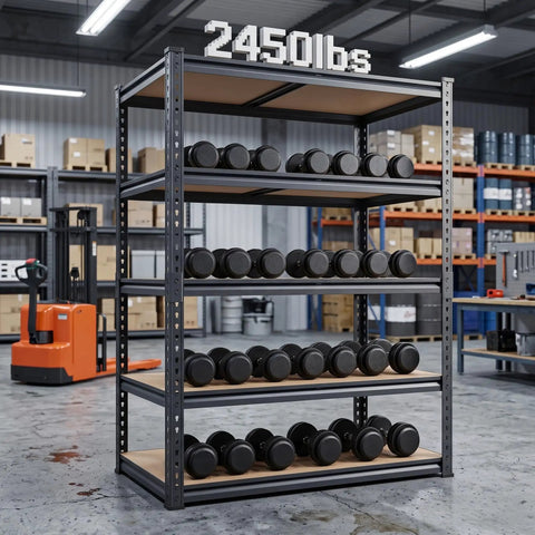 Beefy Heavy Duty Five Tier Metal Shelving Unit For Garage And Warehouse Storage Boltless Adjustable Rack 36 Inch Wide 16 Inch Deep 72 Inch High Black Supports Up To 2850 Pounds in warehouse