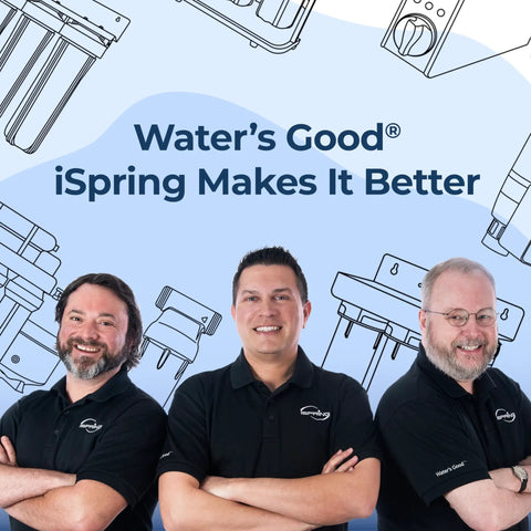 Group portrait with iSpring team promoting Six Stage Under Sink Reverse Osmosis System With Booster Pump And Alkaline Mineral Filter.