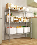 Three-Tier Heavy-Duty Chrome Wire Shelving Rack With Adjustable Shelves Space-Saving Storage Unit Holds Up To 250 Lbs Per Shelf 750 Lbs Total Rust-Resistant Waterproof Easy Assembly For Garage Kitchen Laundry in kitchen with bins and pantry items