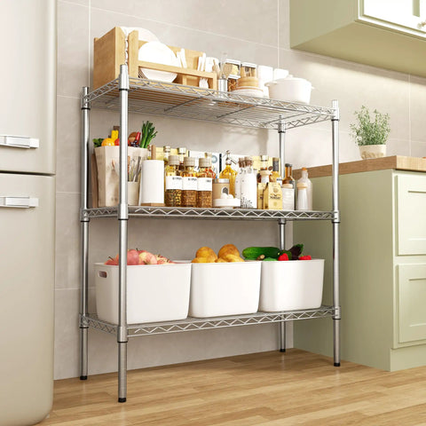 Three-Tier Heavy-Duty Chrome Wire Shelving Rack With Adjustable Shelves Space-Saving Storage Unit Holds Up To 250 Lbs Per Shelf 750 Lbs Total Rust-Resistant Waterproof Easy Assembly For Garage Kitchen Laundry in kitchen with bins and pantry items