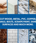 Image showing materials like wood, metal, PVC, and copper, which can be cut with the Cordless 20V Max Lithium Ion Oscillating Multi Tool Kit.