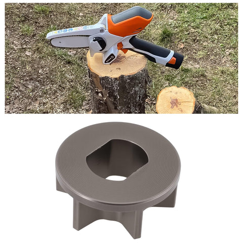Image of a 6-teeth GTA 26 Sprocket for one quarter inch chain wheel alongside Stihl GTA 26 wood cutter tool on tree stump